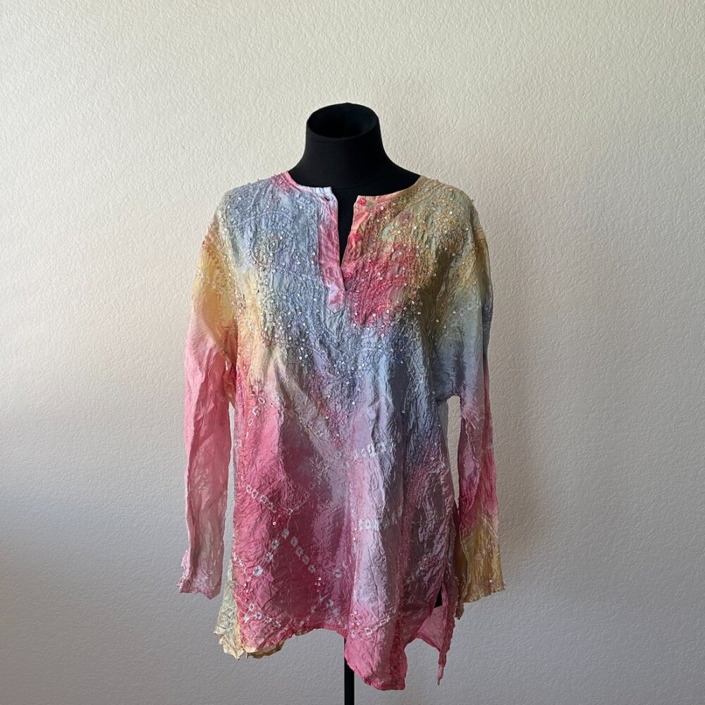 Vintage Hand Dyed Sequin Sheer Tunic Art Wear Festival Blouse Boho Layer Top
